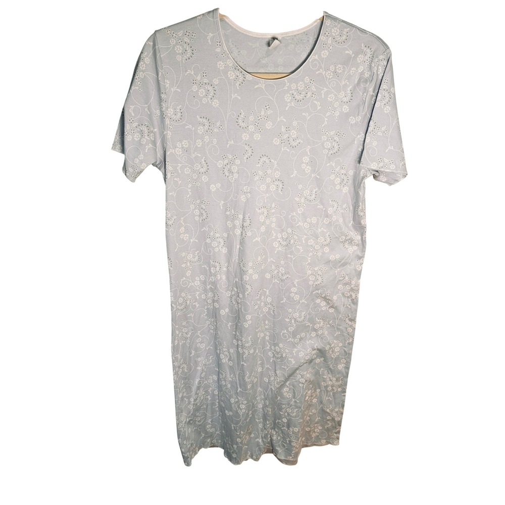 Calida Nightgown Light Blue Floral Eyelet Print‎ Short Sleeve Sleep Shirt XS